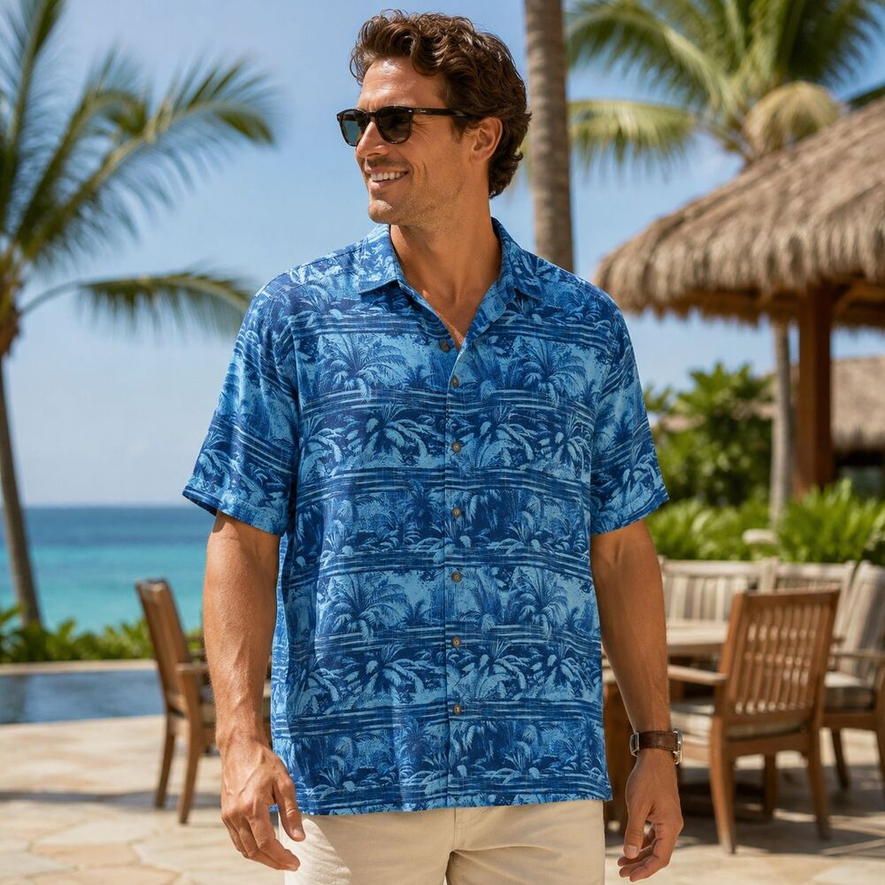 TOMMY BAHAMA Mens Shirt Button Up XL‎ Hawaiian Tropical Blue Short Sleeve